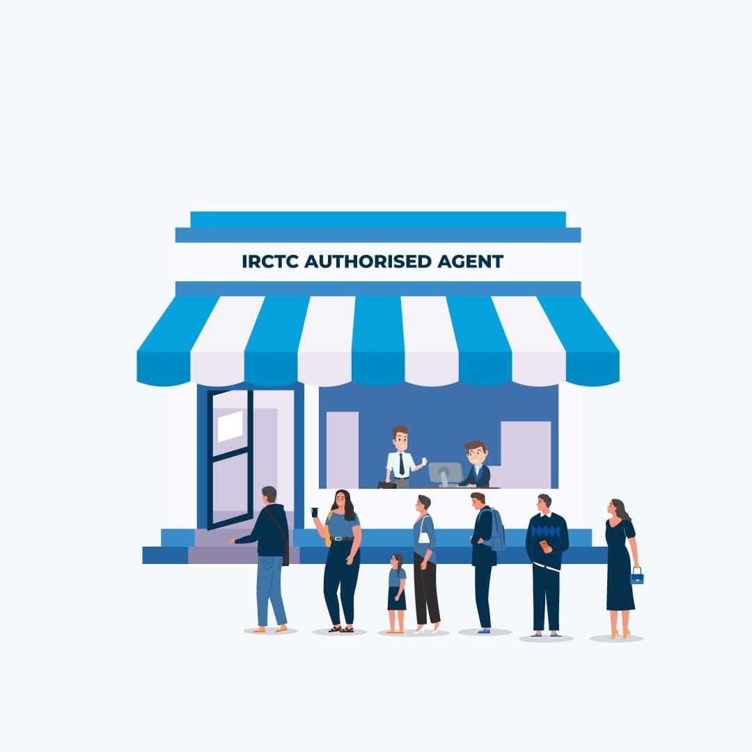 IRCTC Authorised Agent storefront with customers in line